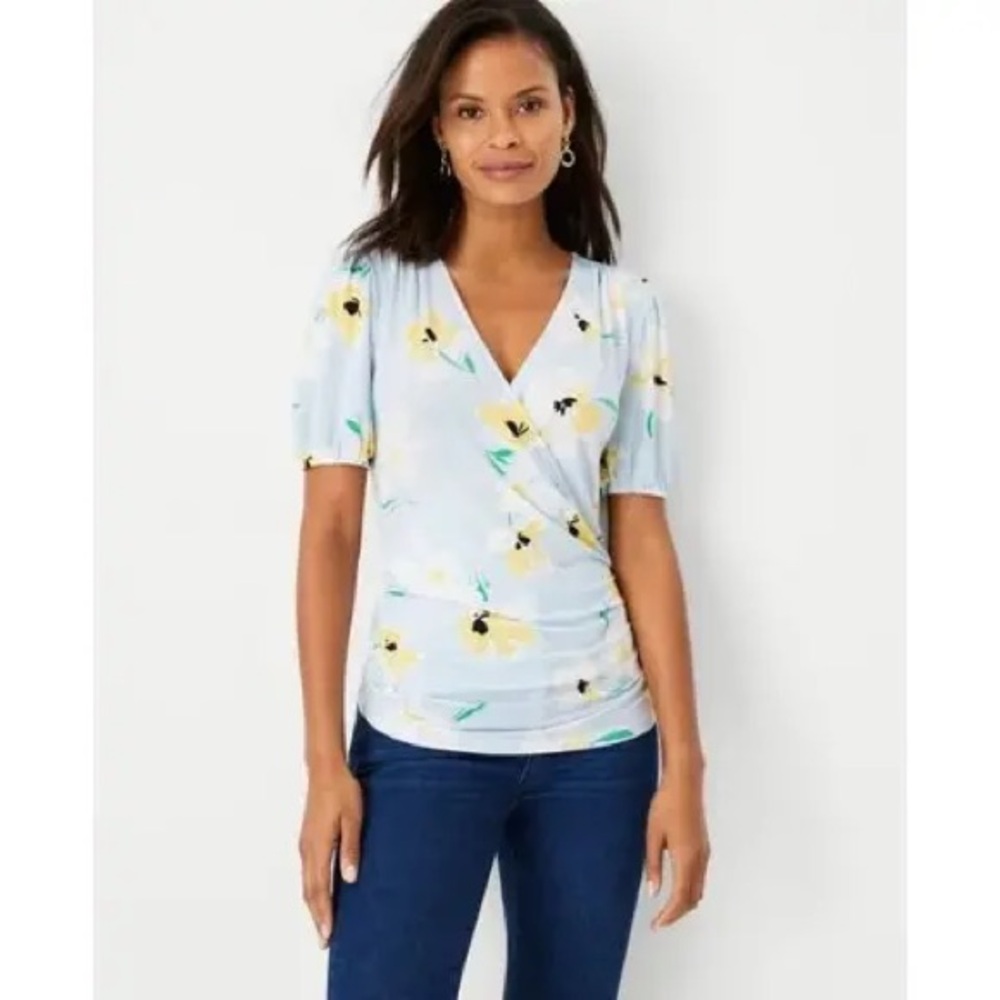 Ann Taylor Floral Puff Sleeve Mock Wrap V-Neck Top Blue Yellow Size L Petite